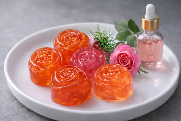 Jabones artesanales en forma de rosa sobre un plato blanco